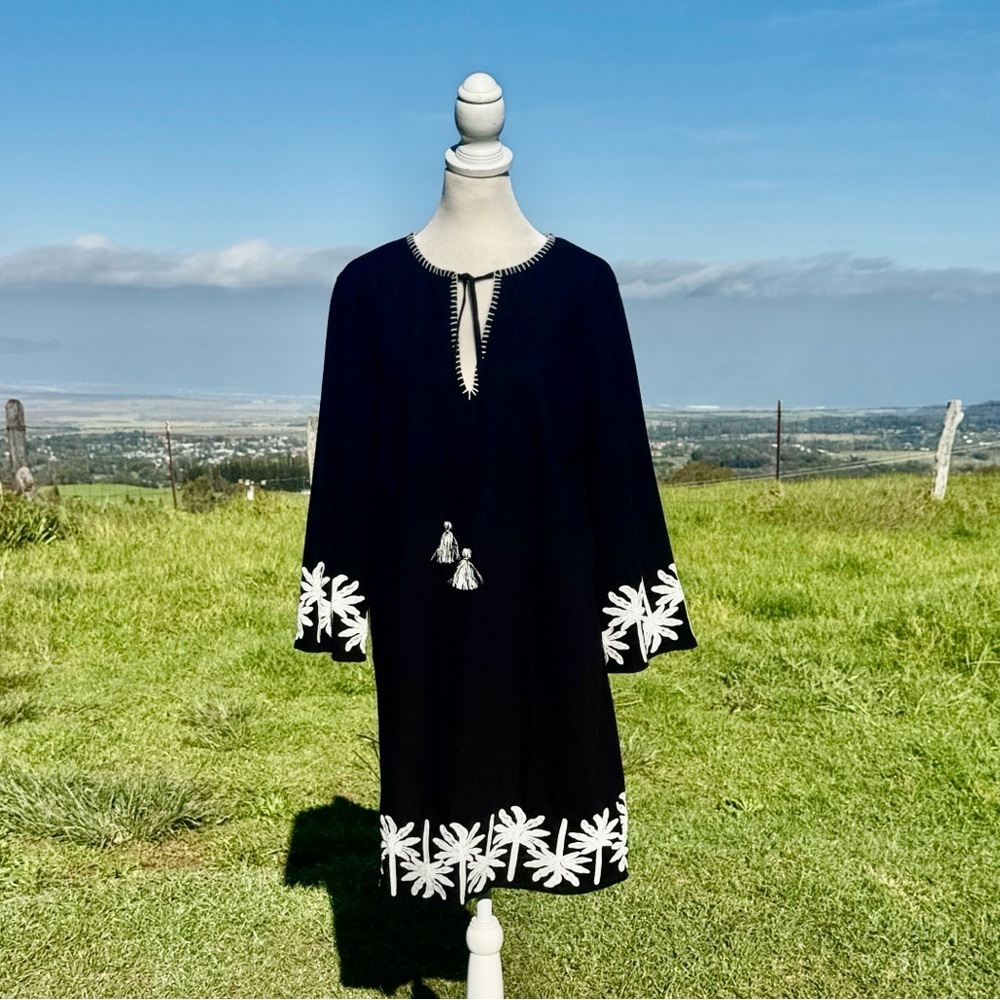 Johnny Was Hannah Linen Blend Black Embroidered Resortwear Tunic Dress Small